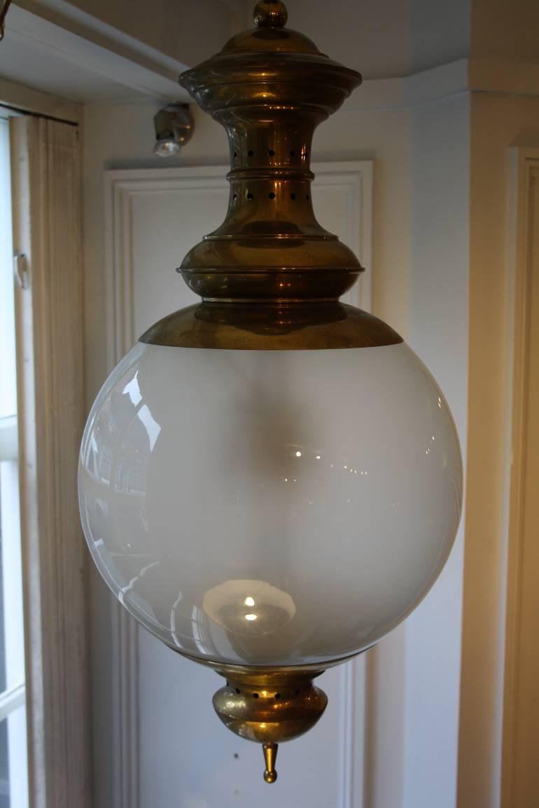Opaque glass and brass ceiling light/hall lantern by Luigi Caccia Dominioni, Italian c1950