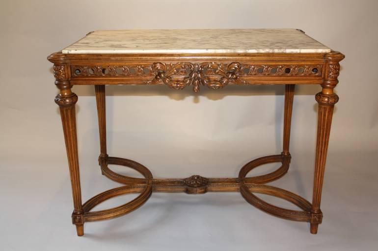 French Antique Carved Walnut Centre Table with Marble inset, c1900