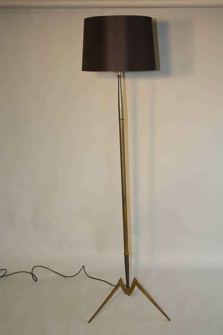 French 1950`s grey and brass metal floor lamp