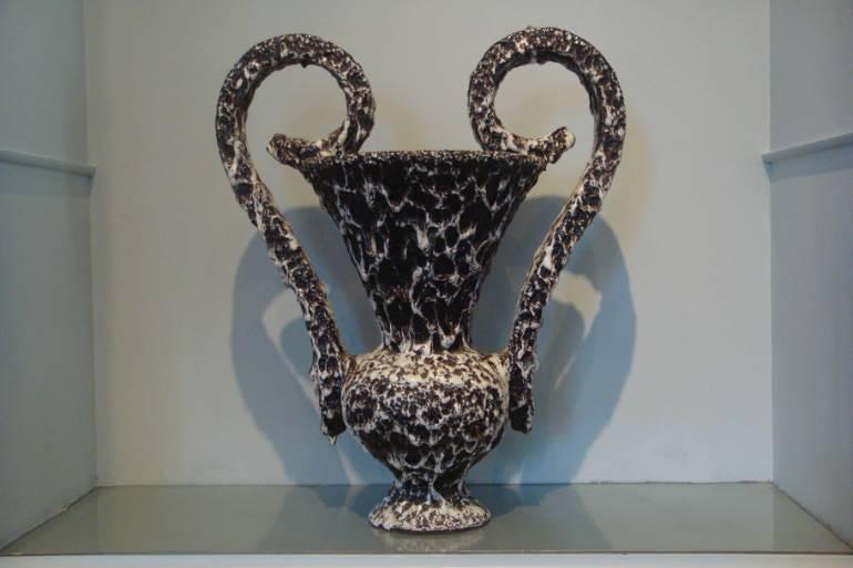 Large Vallauris grotto two handle vase, signed and dated 1965. France