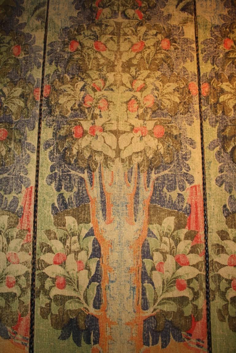 Antique four fold screen of stylised fruit trees in forest, Early 20thC c1910