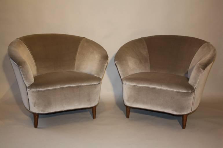 Vintage Italian 1950`s pair of velvet upholstered armchairs.