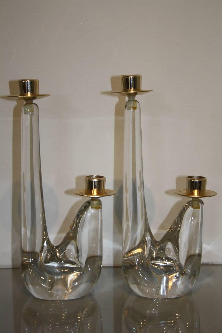 A pair of crystal glass candlesticks by Schneider, French c1970