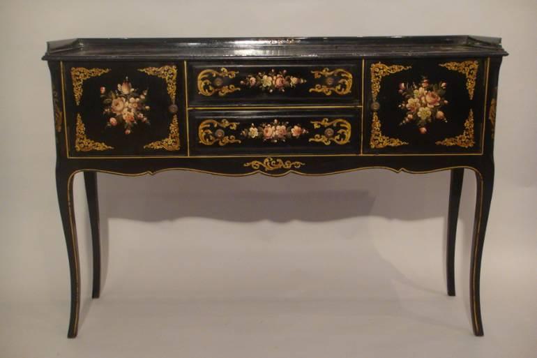 Black lacquer and hand painted side table, French C20th