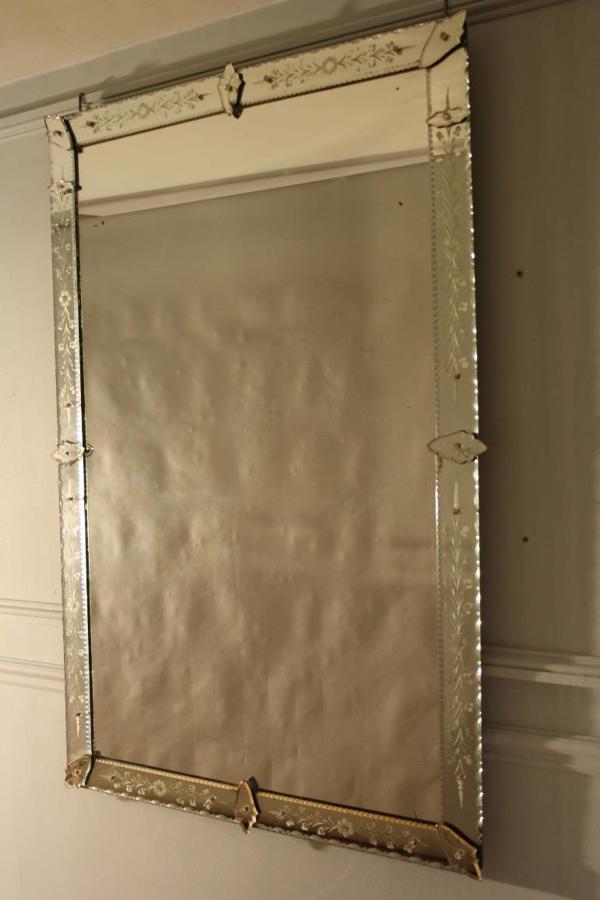 C19th rectangular French Venetian mirror with etched floral details.