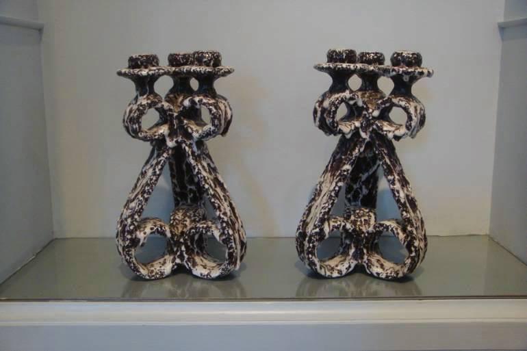 A pair of Vallauris grotto candlesticks, French c1960