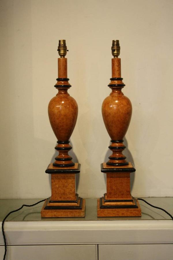 2 pairs of faux walnut and ebonised table lamps