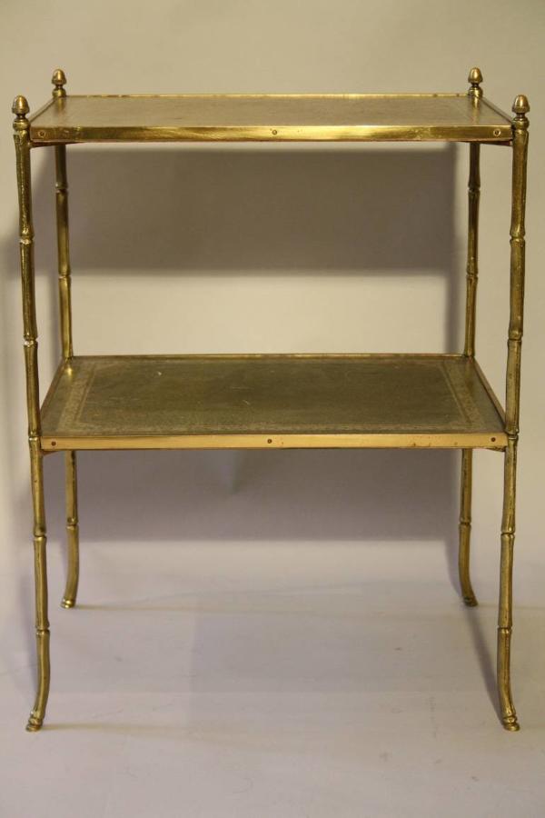 Two tier leather and gold metal bamboo side table, French c1950