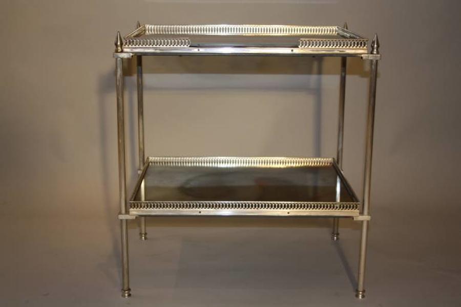 Two tier silver metal and mirror side table, French c1950