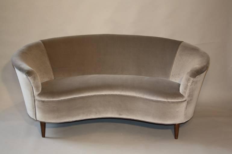 Italian vintage 1950`s velvet upholstered curved sofa.