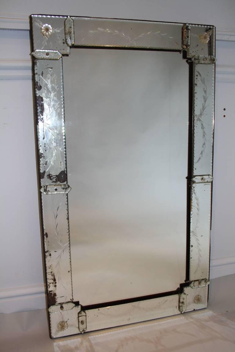 1920`s rectangular Venetian mirror with etched detail.