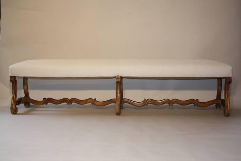 Antique long carved walnut bench, Spanish c1900