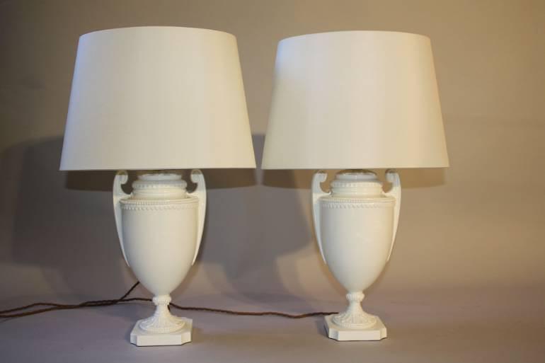 A pair of Royal Worcester creamware urn table lamps, English c1950
