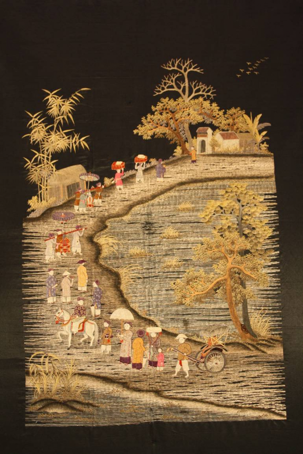 A very unusual black silk Chinese embroidery,