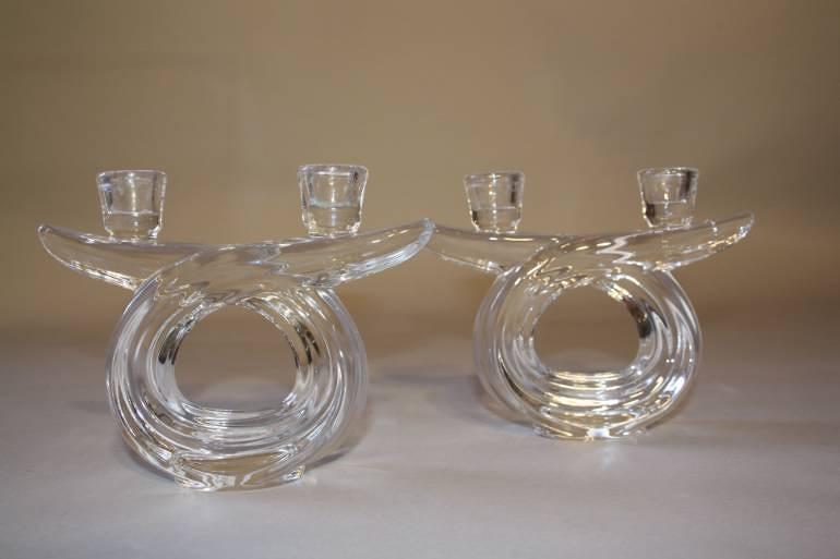 A pair of French crystal glass candlesticks by Vannes, c1960