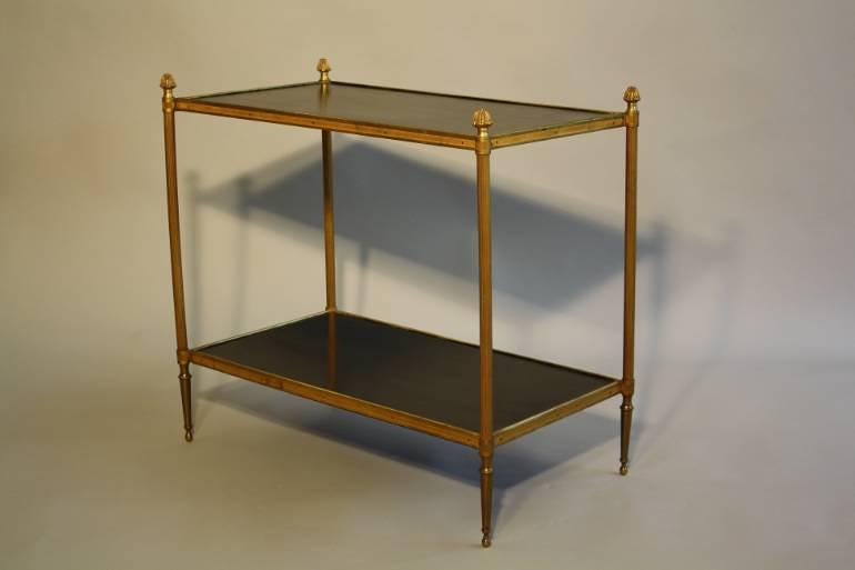 Two tier gilt metal and wood side table with acorn finials, French c1950.