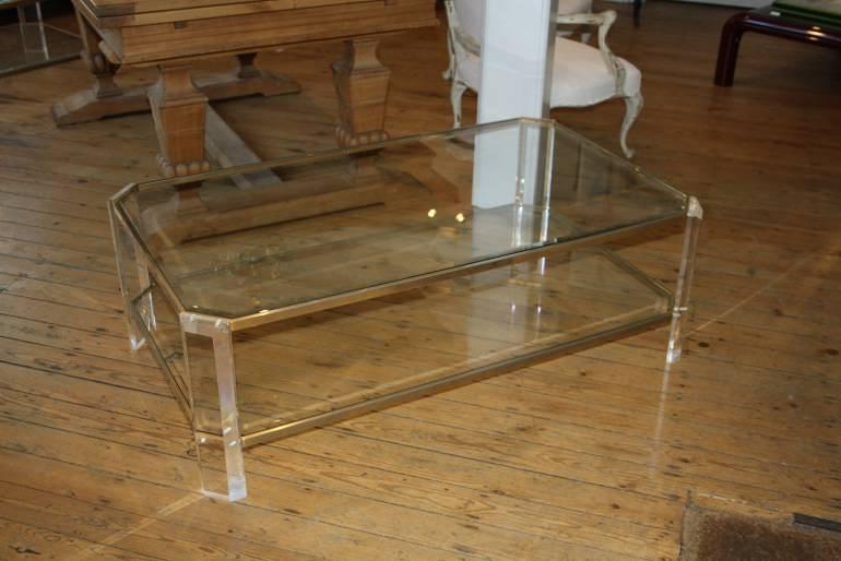 Rectangular lucite and pale gold metal two tier coffee table, French c1970