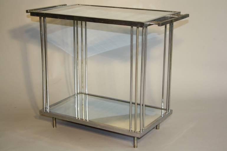 Art Deco silver metal and mirror two tier side table, French c1930