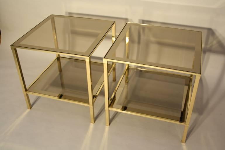 A pair of brass and mirror edge bout de canape side tables, France c1970