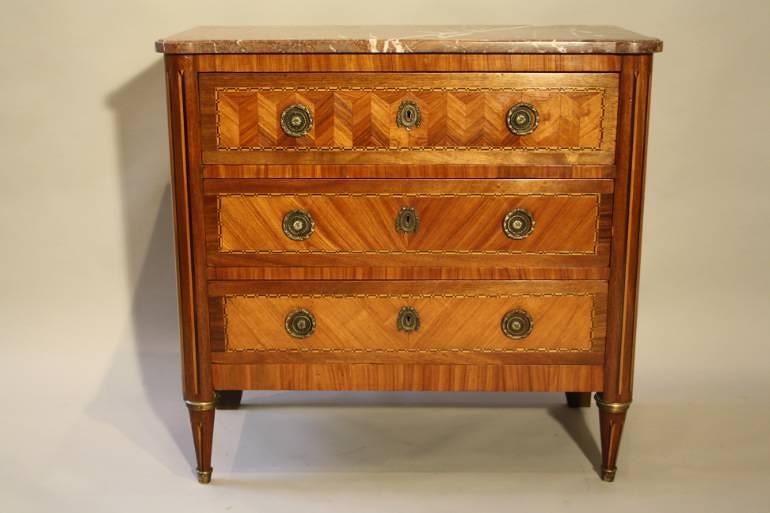 19thC French antique inlaid parquetry commode with marble top.