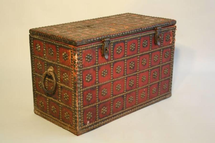 Antique Spanish studded red leather coffre, c1900