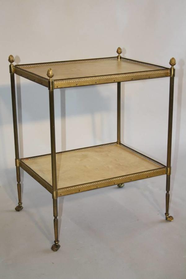French 1950`s two tier brass and parchment side table