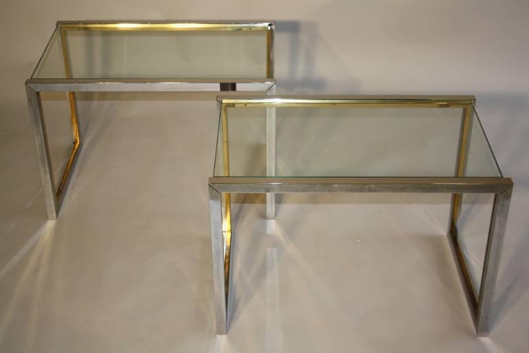 A pair of silver and gold metal end/side tables, French c1970