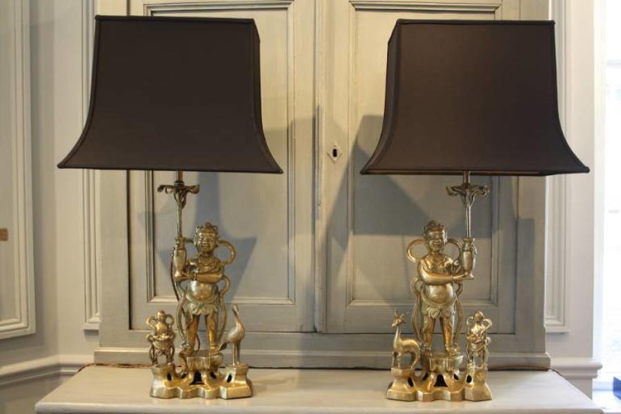 A pair of bronze Buddha table lamps. c1970