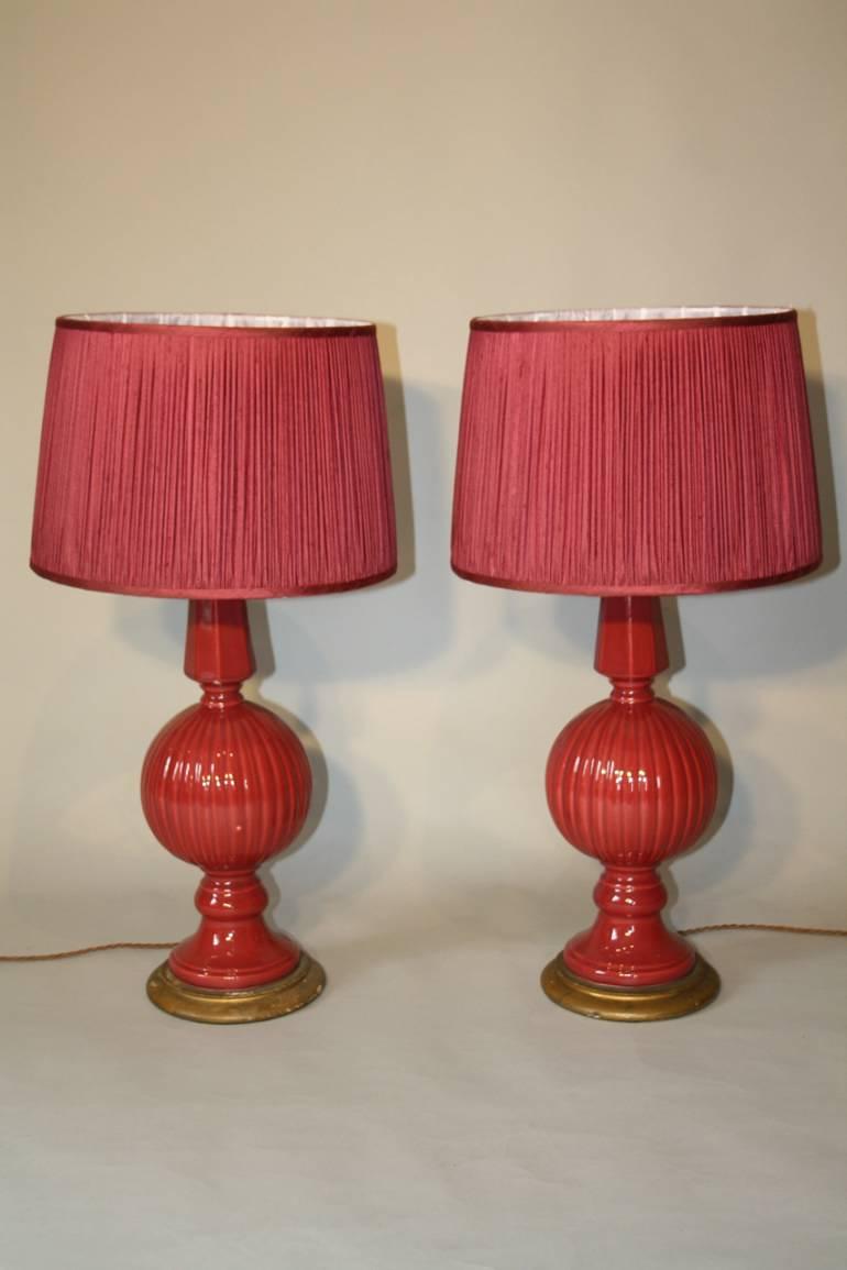 Cerise pink glazed ceramic table lamps