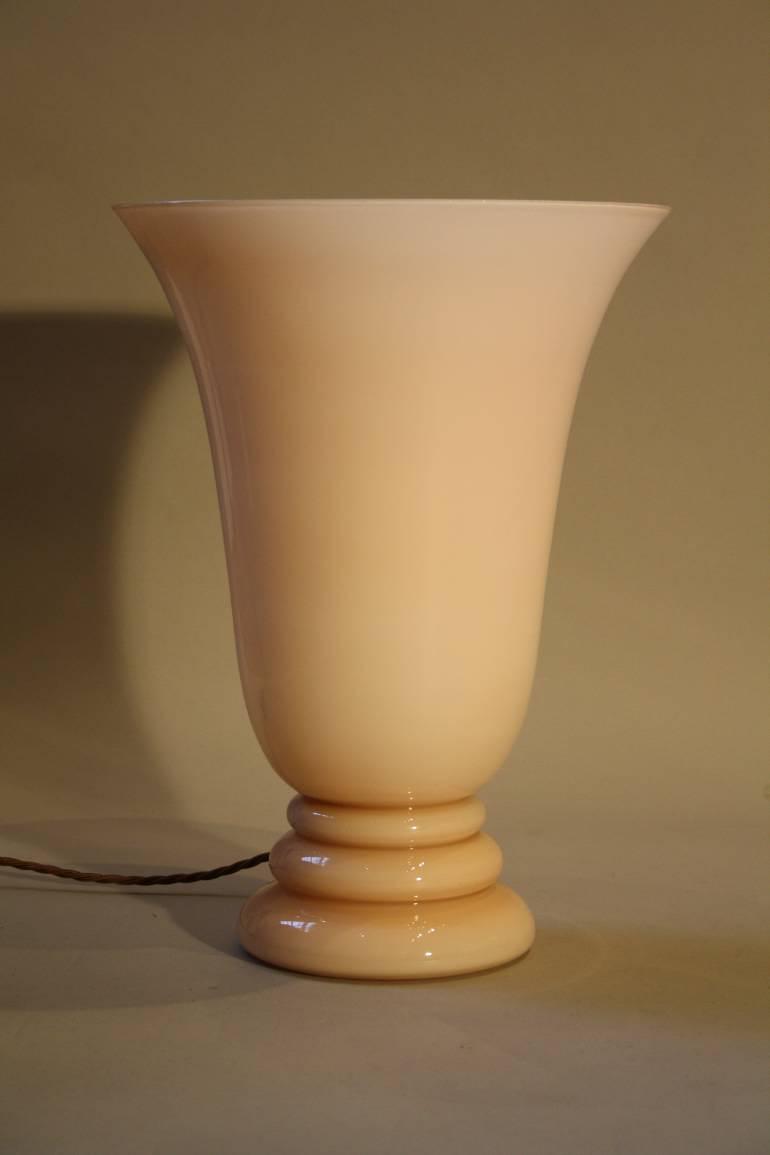 Art deco lamp, pale pink opaque glass, French 1930