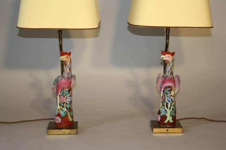 A pair of Chinese Famille Rose ceramic Phoenix bird lamps, French c1930