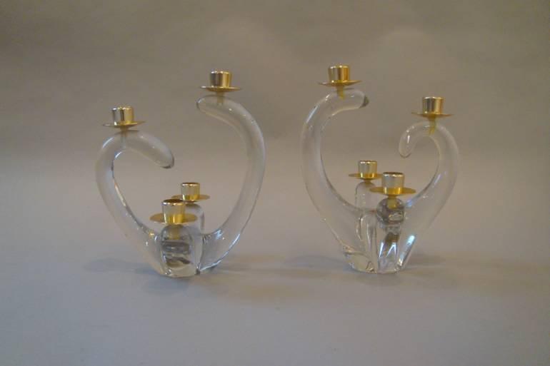 1960`s glass candlesticks by Schneider, signed to base. French
