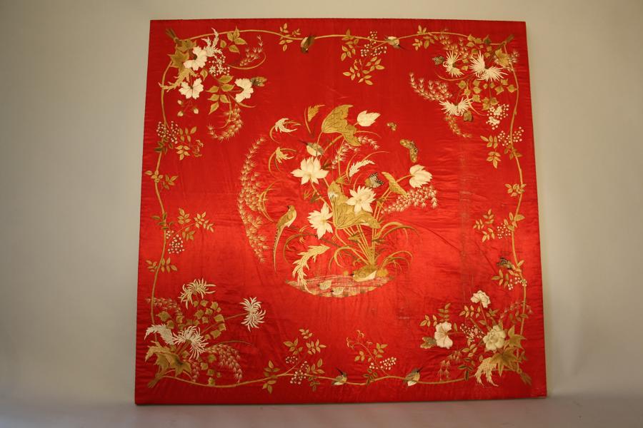 Cherry silk hand embroidered textile