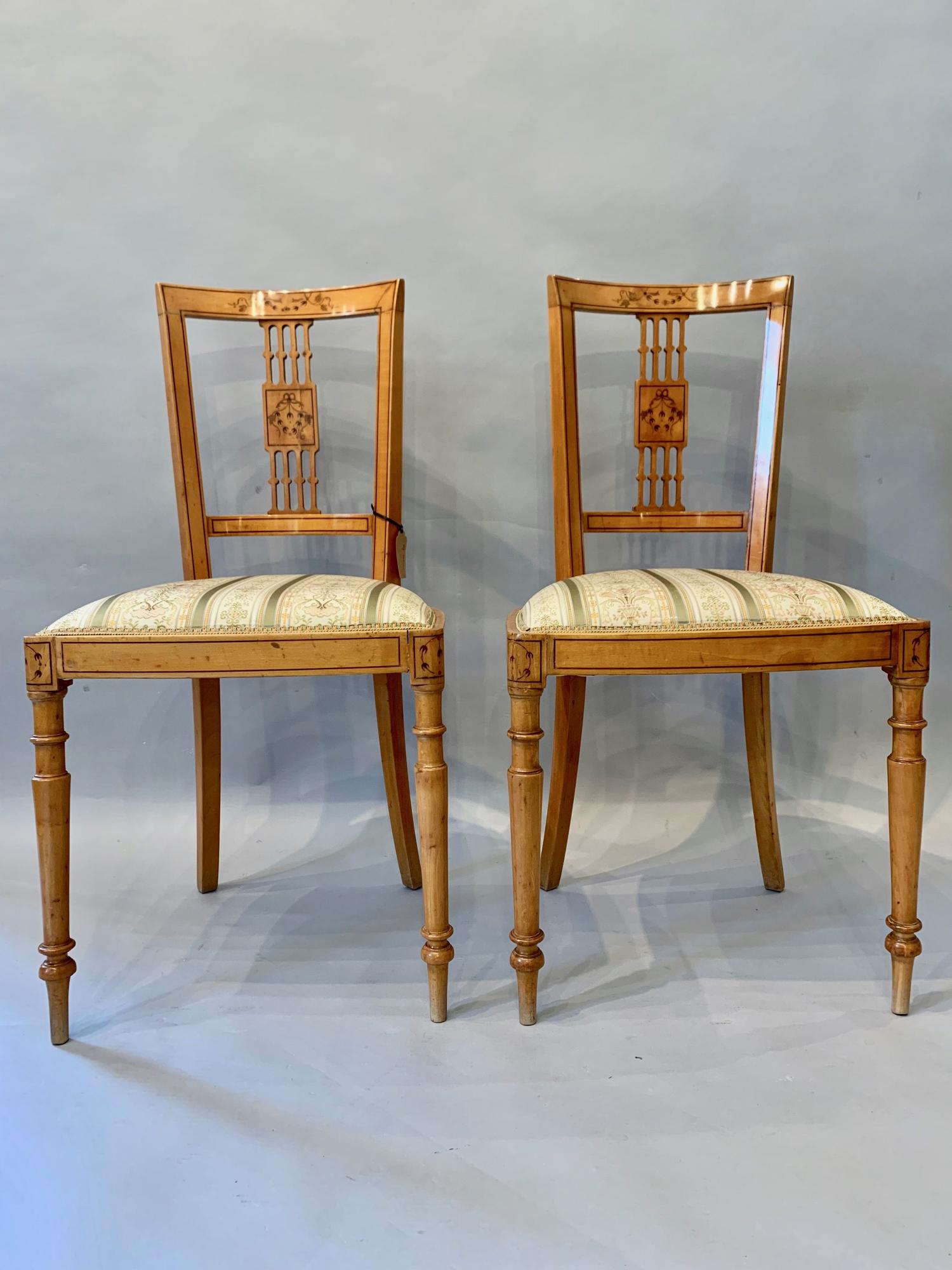 Pair of Italian inlaid marquetry side chairs