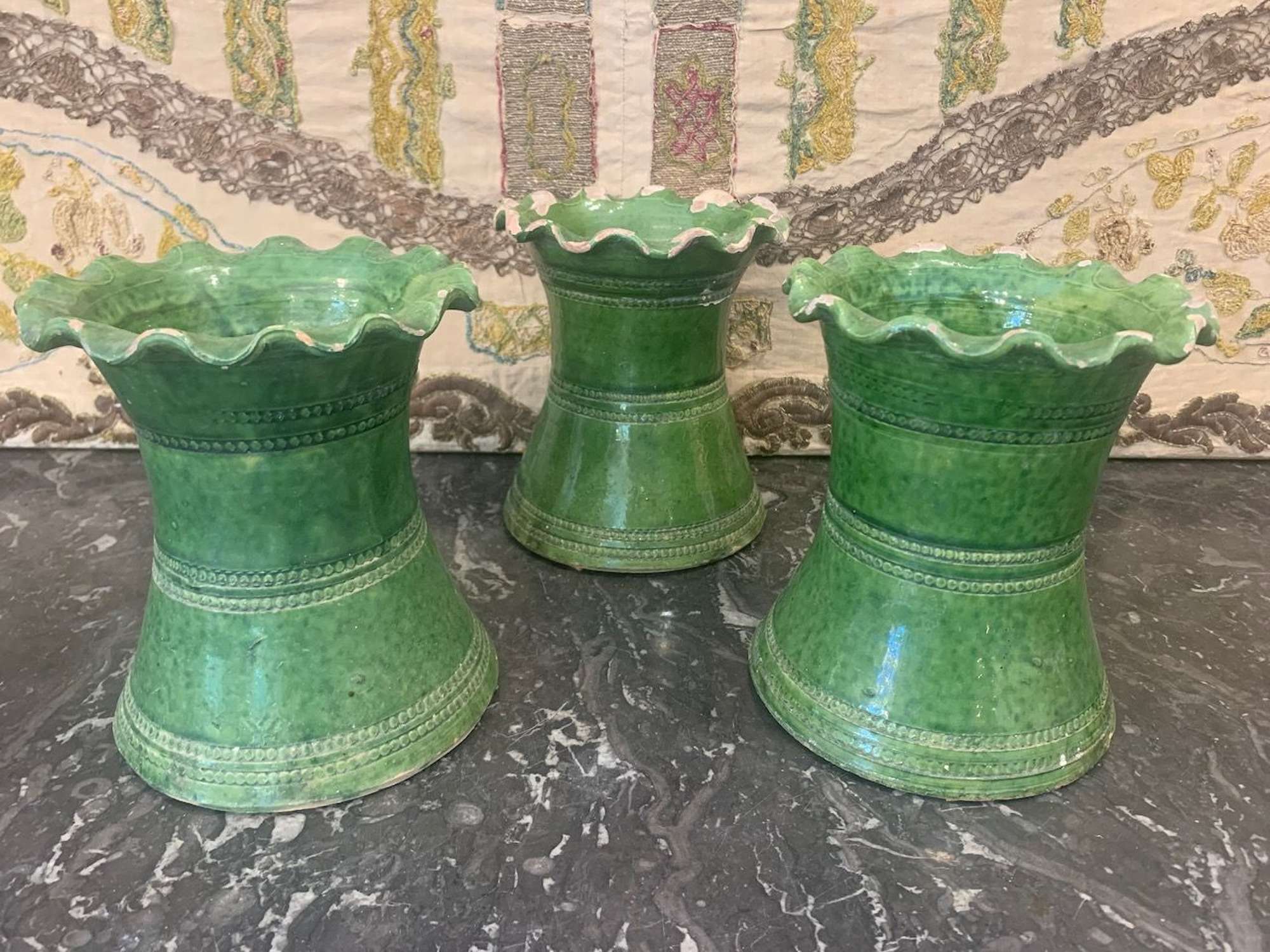 Three green glazed pots