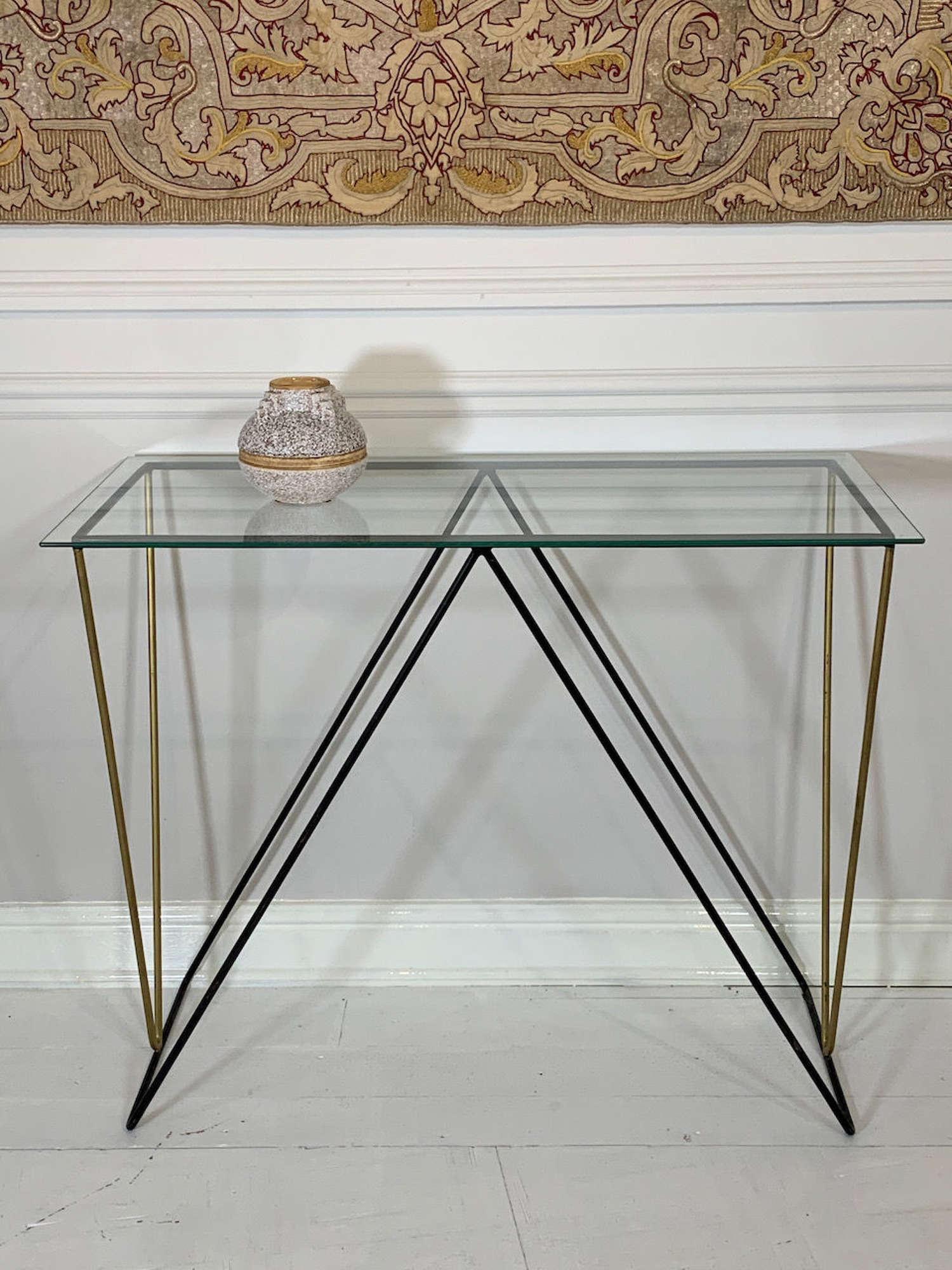 1950's curved metal and glass console