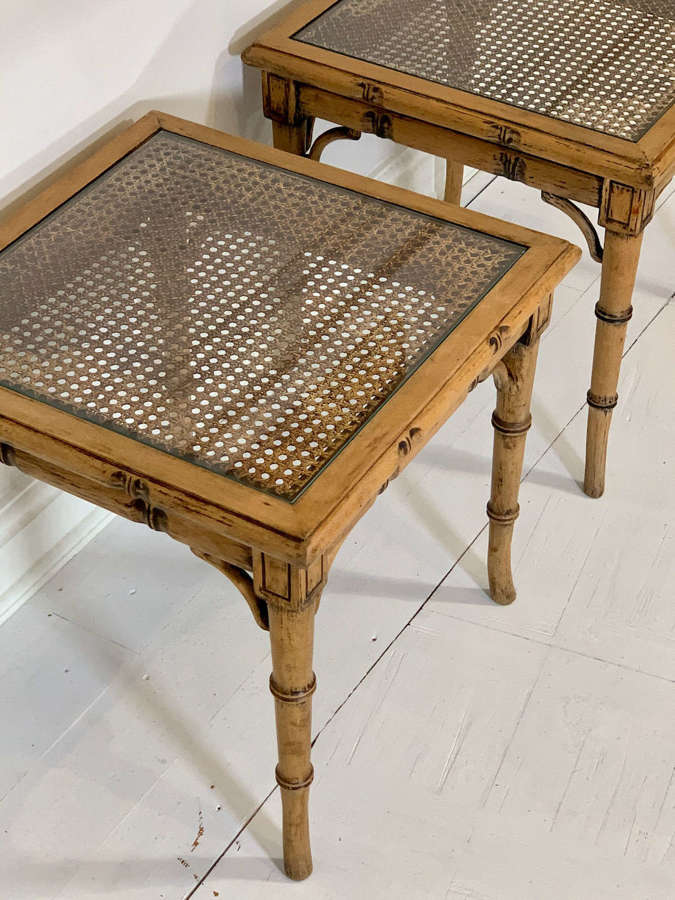 Bamboo, cane and glass side tables