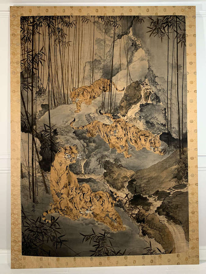 Huge Japanese Meiji yuzen birodo textile of tigers