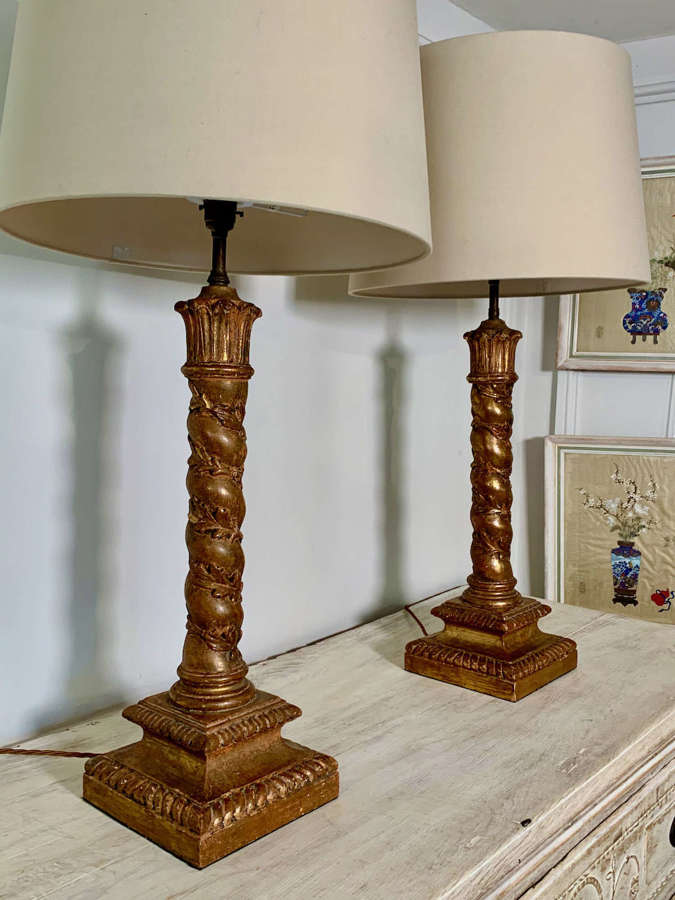 Carved gilt wood twisted column table lamps