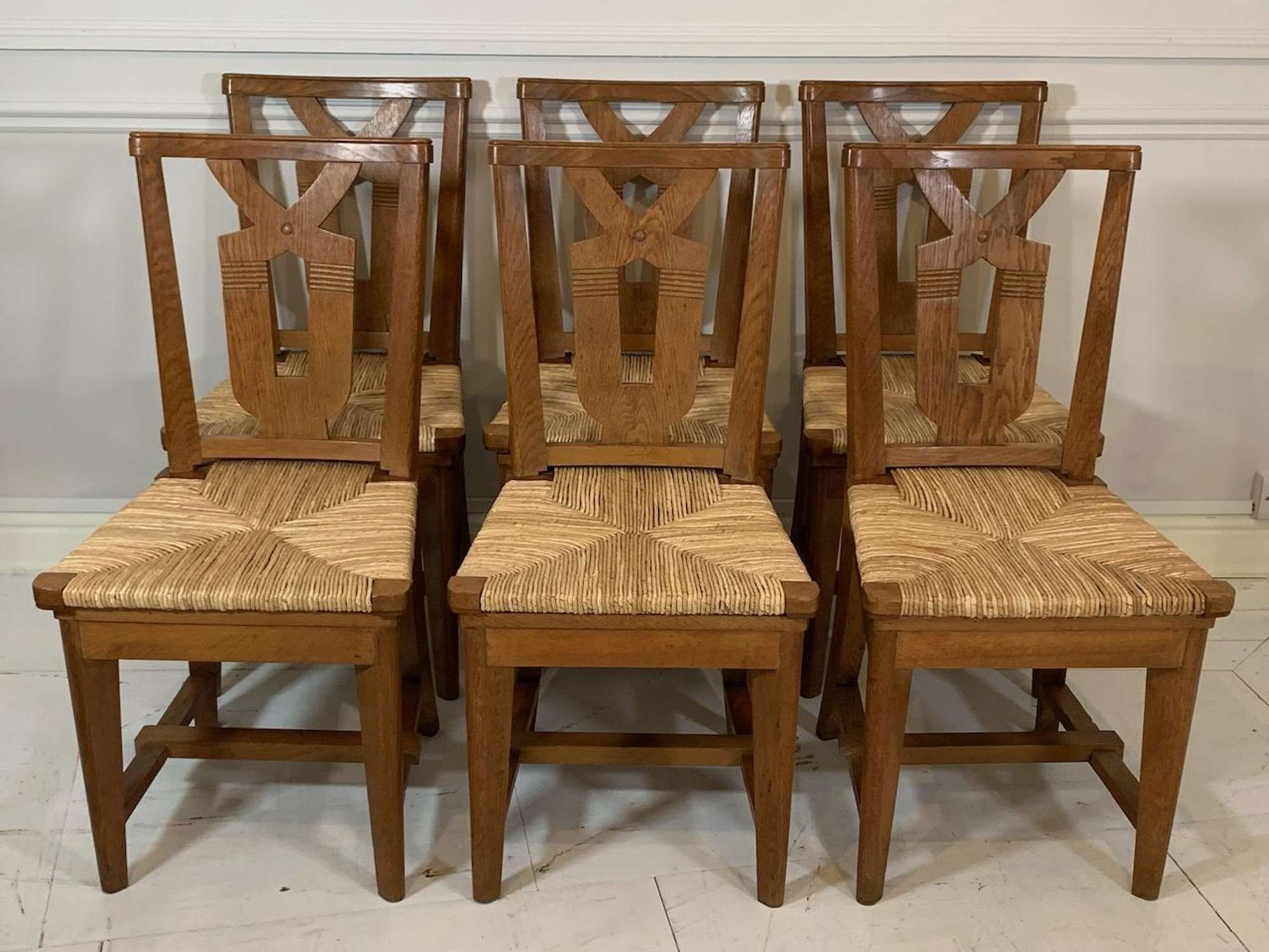 Set of six Oak and rush chairs